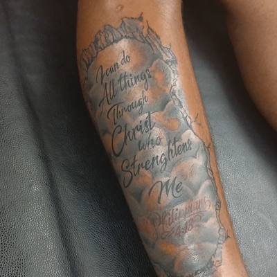 "I can do all things through christ who strengthens me"
Philippians 4:13 (red) — tattoo by G Money, Willow Grove, Pennsylvania
