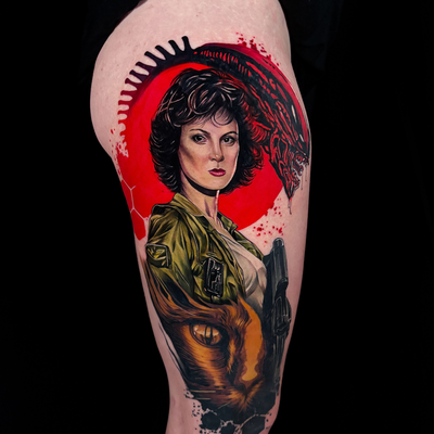 Still shot of this #alien thigh tattoo for @gwandalf.the.gwey 👽. One of my favo… — tattoo by Seth Holmes, Pittsburgh, Pennsylvania