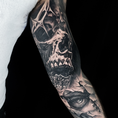 Did this a couple weeks back for @angelopegnatotattoo 🫡. Both the skull and eye… — tattoo by Seth Holmes, Pittsburgh, Pennsylvania