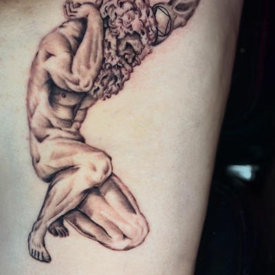 Super cool Atlas I got to do… which Greek goddess should go on the other side? 
… — tattoo by Sarah Corley, Jefferson, Georgia