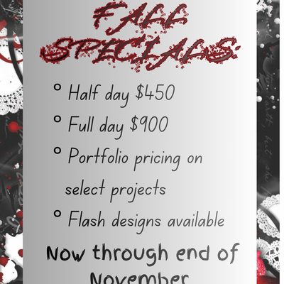 Fall specials are here. 🖤

$450 half days
$900 full days

I’ll also be offering… — tattoo by Sarah Corley, Jefferson, Georgia