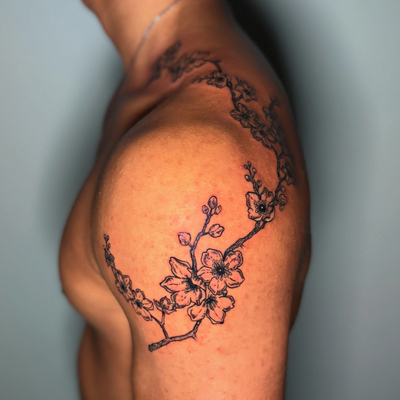 Delicate lines, strong presence 🌸
Loved how this branch wrapped so naturally ov… — tattoo by Jadé-Marie Ho, Woodbrook, Port Of Spain