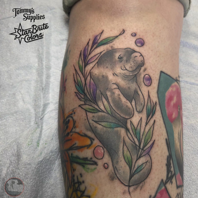 Watercolor Manatee done a few days ago here at the shop. Nice gap filler in betw… — tattoo by CT Tattoo Artist, Plainville, Connecticut