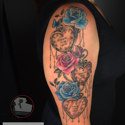 Heart shaped clocks with roses that each one represents one of my clients kids. … — tattoo by CT Tattoo Artist, Plainville, Connecticut