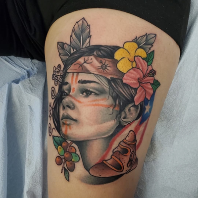 Taina woman representing the culture of Puerto Rico. — tattoo by CT Tattoo Artist, Plainville, Connecticut