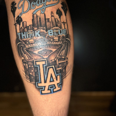 Historic Dodger stadium! L.A Think Blue — tattoo by J Clyde, Virginia Beach, VA