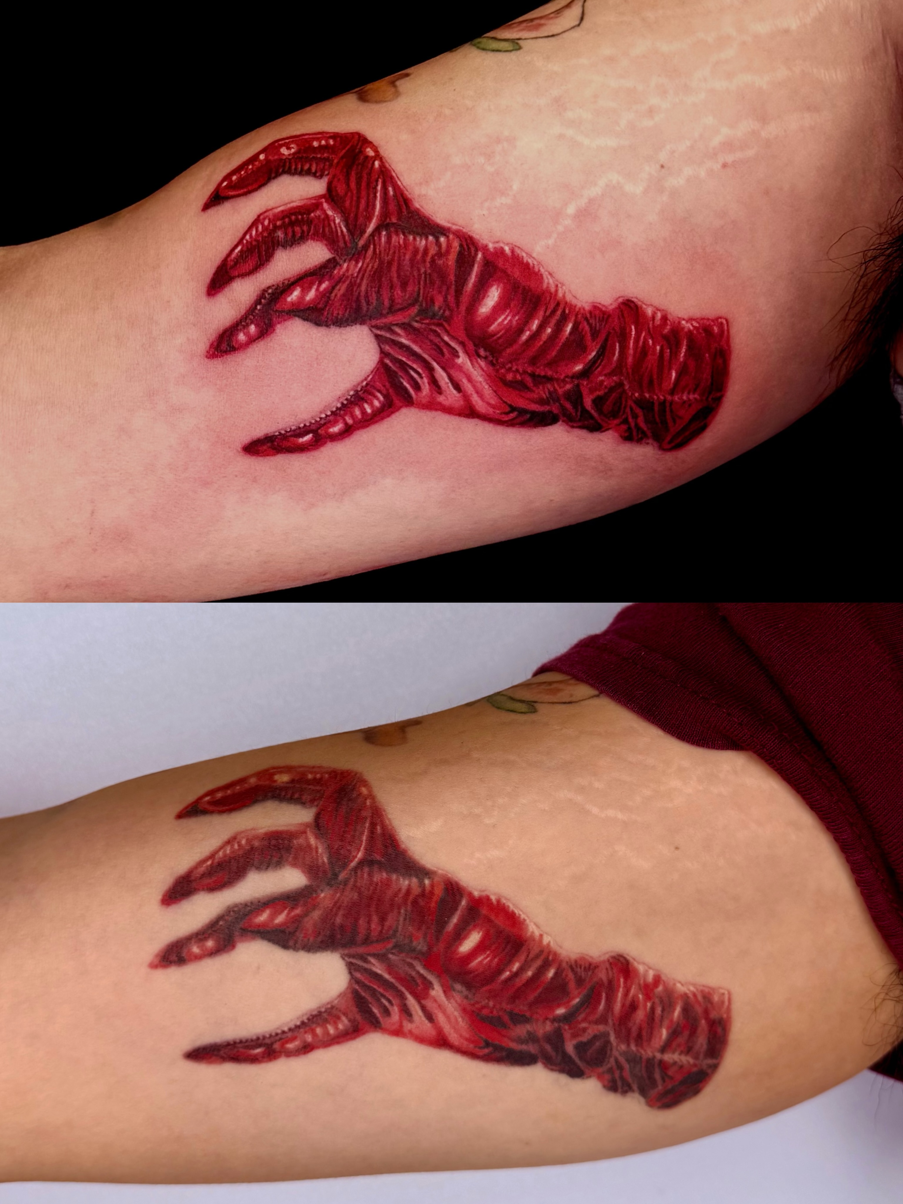 Gaga Little Monster Hand healed 1 year no touch up on @_owenz 
Red just looks so… — tattoo by An Xu, Los Angeles, California