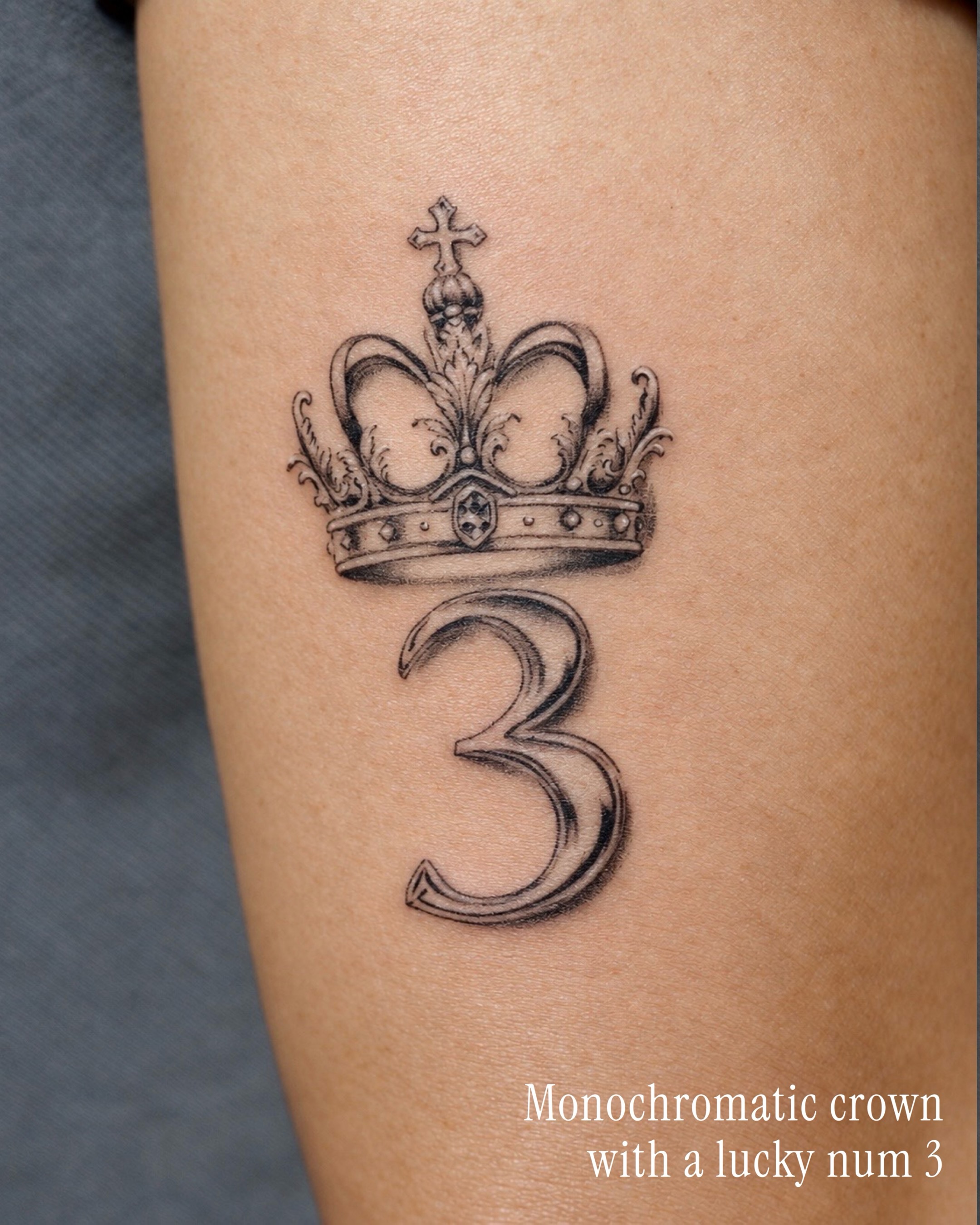 A monochromatic crown with his lucky num 3 for K! 👑 

#chrometattoo #sgtattoo — tattoo by Vanessa Kee, Singapore, singapore