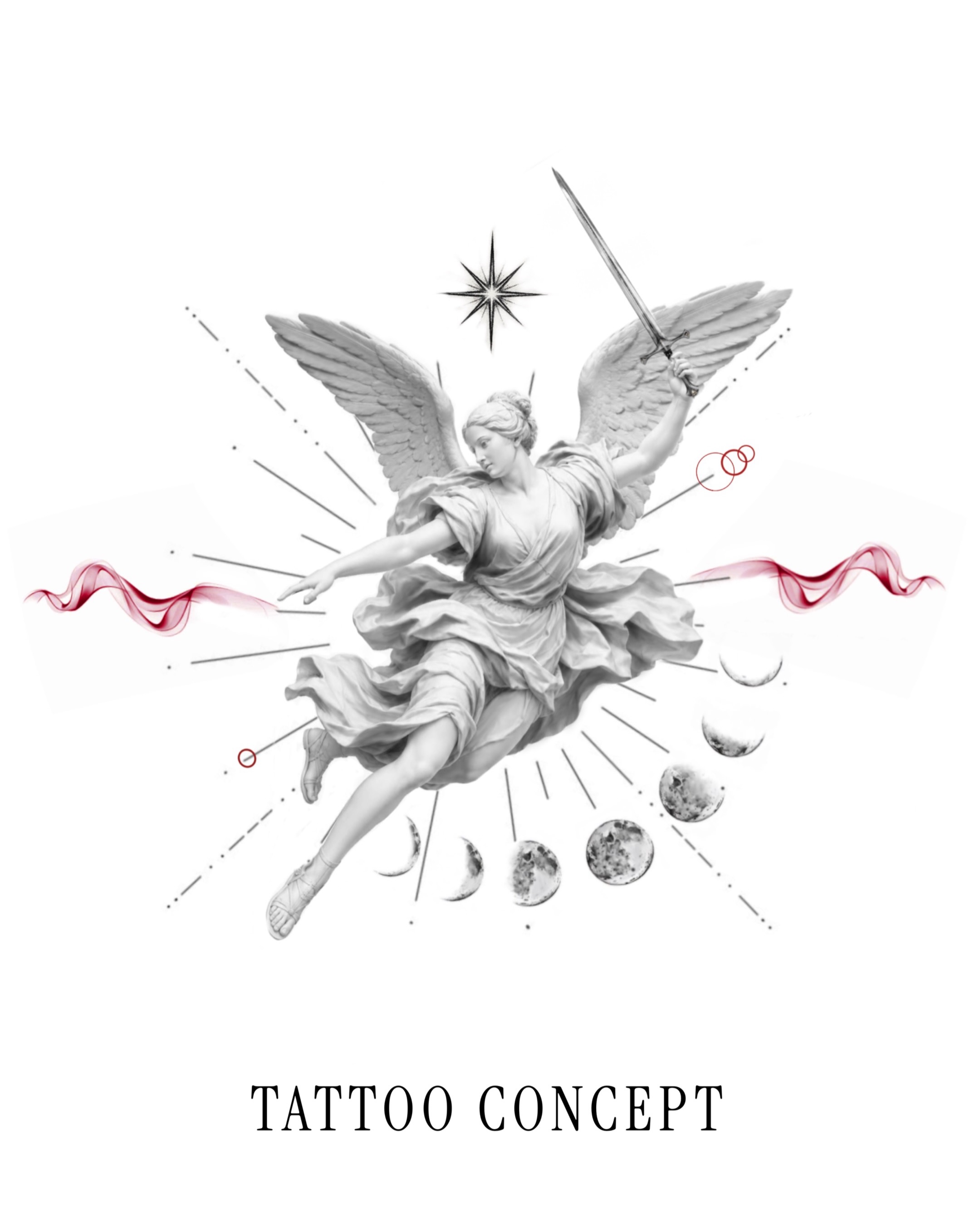 A larger piece of celestial angel tattoo flash with soft details and some celest… — tattoo by Vanessa Kee, Singapore, singapore