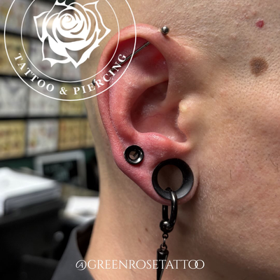 Fresh pair of large gauge upper lobe piercings done here by @stephensteelstudios… — tattoo by Stephen Marion, Holyoke, Massachusetts