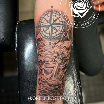 Recent addon by @inkboylu (compass rose done elsewhere) beginning a lower arm sl… — tattoo by Stephen Marion, Holyoke, Massachusetts
