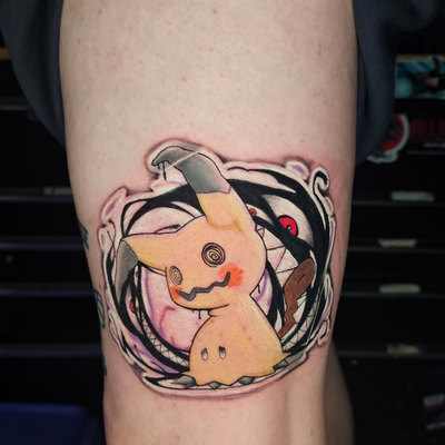 Fun mimikyu sticker tattoo i did the other day. Would love to do some more like … — tattoo by Isaac Kristofka, Banning, California