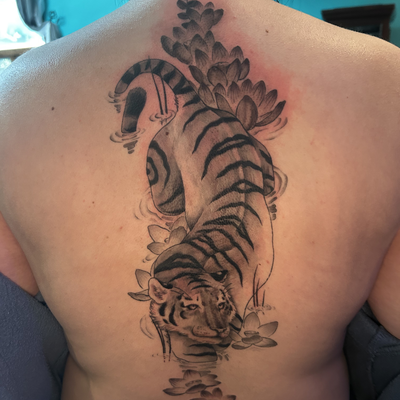 Tiger spine for Abbey — tattoo by Cory Radkins, Catawissa, Pennsylvania