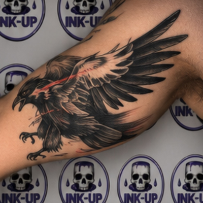 🦅 A symbol of strength, intelligence, and resilience. This striking raven piece… — tattoo by Ink Up, Tijuana, Baja