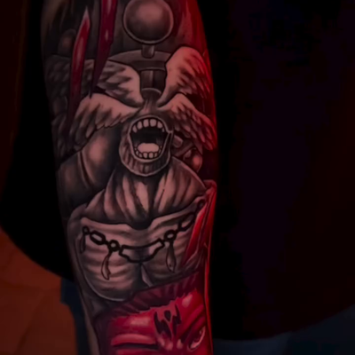 To get Hyped up for the New JJK movie I did this rad Sukuna and Mahoraga Piece f… — tattoo by Andrew Luce, East Ridge, Tennessee