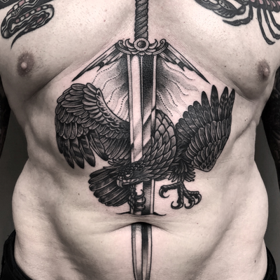 Sword eagle front tattoo — tattoo by Christian Otto, Beverly Hills, California