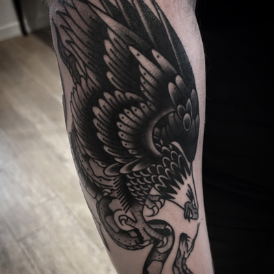 Eagles va Snake tattoo — tattoo by Christian Otto, Beverly Hills, California