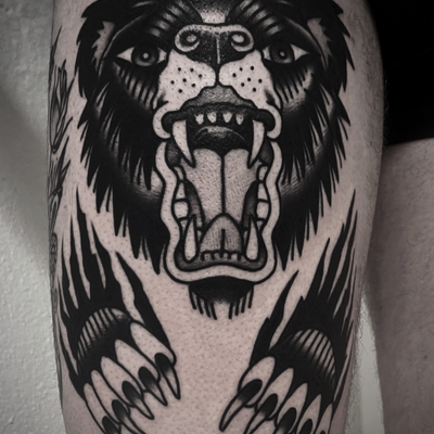 BEAR TATTOO FOR @timothy.steven BOOKS FOR LOS ANGELES OPEN #beartattoo #traditio… — tattoo by Christian Otto, Beverly Hills, California