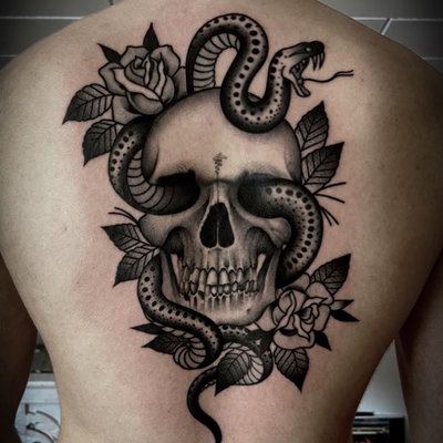 SKULL & SNAKE FOR MARCO. DM FOR TATTOO INQUIRIES — tattoo by Christian Otto, Los Angeles, California