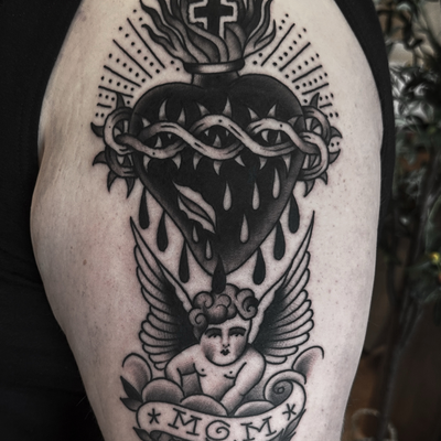 Sacred Heart and Angel memorial tattoo — tattoo by Christian Otto, Beverly Hills, California