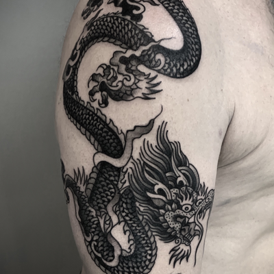 Tibetan dragon tattoo — tattoo by Christian Otto, Beverly Hills, California