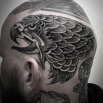 Hawk head tattoo — tattoo by Christian Otto, Beverly Hills, California
