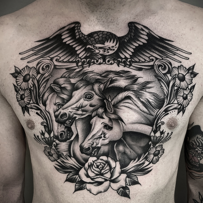 One shot pharaoh’s horses chest tattoo — tattoo by Christian Otto, Beverly Hills, California
