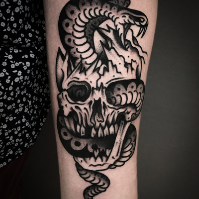 TRADITIONAL SKULL & SNAKE TATTOO — tattoo by Christian Otto, Beverly Hills, California