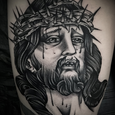 Jesus head tattoo — tattoo by Christian Otto, Beverly Hills, California