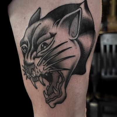 PANTHER HEAD FOR ANDREA. DM OR EMAIL FOR APPOINTMENTS: INFO@CHRISTIANOTTO.COM — tattoo by Christian Otto, Beverly Hills, California