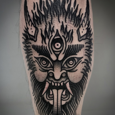 DEMON FOR PHIL. HIT THE LINK IN BIO FOR INQUIRIES — tattoo by Christian Otto, Los Angeles, California