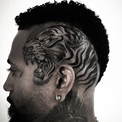 Tiger head tattoo — tattoo by Christian Otto, Beverly Hills, California