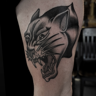 TRADITIONAL PANTHER HEAD TATTOO — tattoo by Christian Otto, Beverly Hills, California