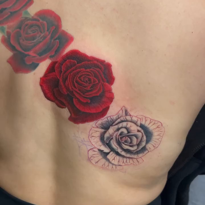 My first session here @slasher31studio I did the other roses around 2020 so they… — tattoo by Mando  Espinoza, Phoenix, Arizona