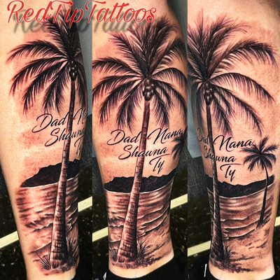 Black n Gray beach front tattoo — tattoo by RedTip Tattoos, Springfield, Massachusetts