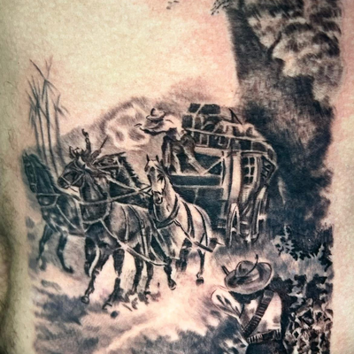 Made out of a western painting. — tattoo by RedTip Tattoos, Springfield, Massachusetts