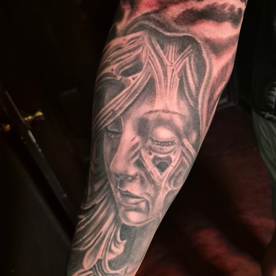 virgin mary forearm art to start a full sleeve. stay tuned for the rest of the l… — tattoo by Bred Styx, Phoenix, Arizona