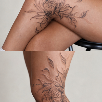 Chrysanthemum on leg — tattoo by Ashley Lopez, Phoenix, Arizona