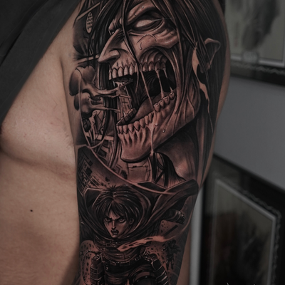 After two days of work, this was the result of this piece inspired by Attack on … — tattoo by Fredy Amaya, Chelsea, Massachusetts