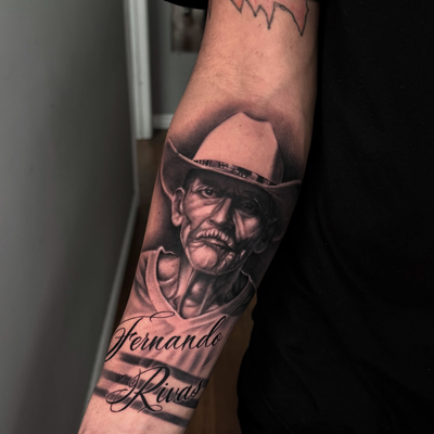 🤍🕊️ “a portrait that honors his memory, now walking with him in his skin and h… — tattoo by Fredy Amaya, Chelsea, Massachusetts