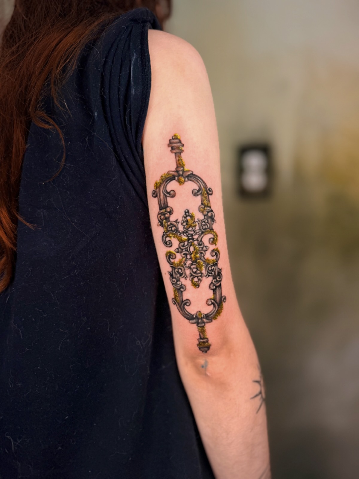 gimme all the mossy ornamental architecture tattoos please. this was a dream con… — tattoo by Natasha Rachel, Nashville, Tennessee