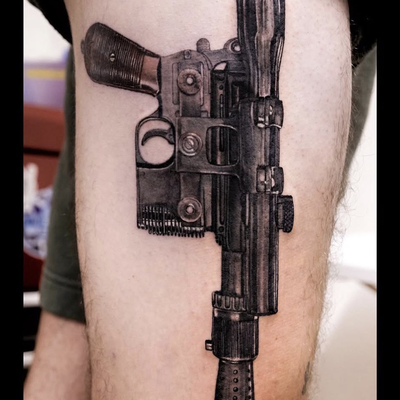 Han Solo blaster — tattoo by Roland Pacheco, Waikoloa Village, Hawaii