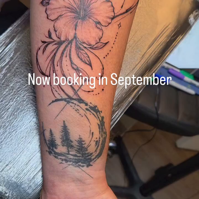 Florals, celestial details, and a whole lot of flow. 🌙✨ Loved watching this pie… — tattoo by Scott Millette, Beaverton, Oregon