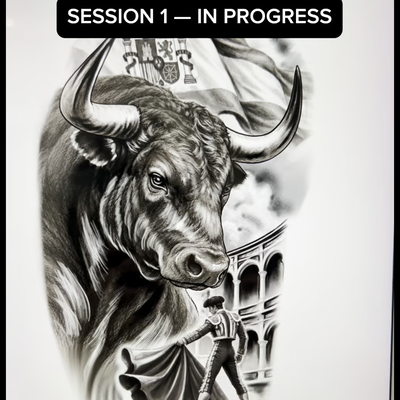 Black and grey Spain-themed sleeve featuring a bull, matador, and bullring. Mult… — tattoo by Albert Rosal, Harrison, New Jersey