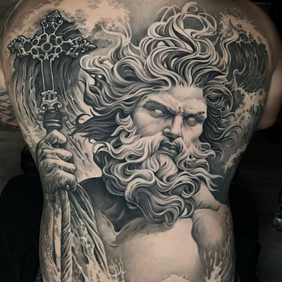 Tattoo by Albertrosal: Custom black & gray realism full back featuring Poseidon, designed to capture st…