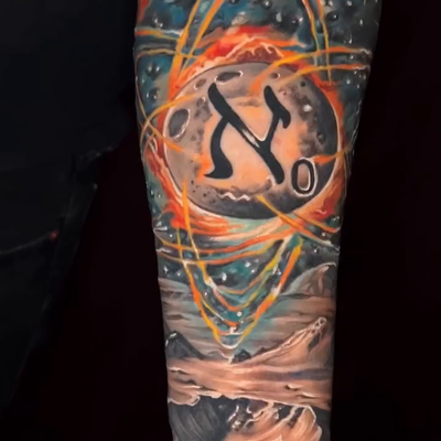 “Where cosmic chaos meets lunar calm 🌙🔥
A collision of galaxies, motion, and e… — tattoo by Albert Rosal, Harrison, New Jersey
