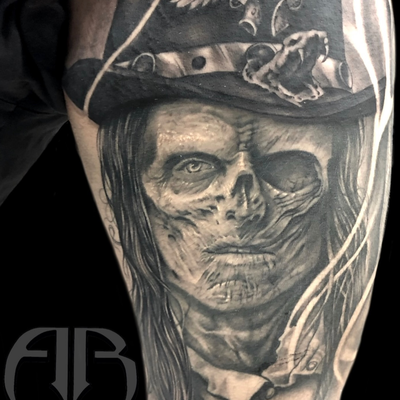 “Dark realism at its finest – a haunting outlaw portrait blending skull and soul… — tattoo by Albert Rosal, Harrison, New Jersey