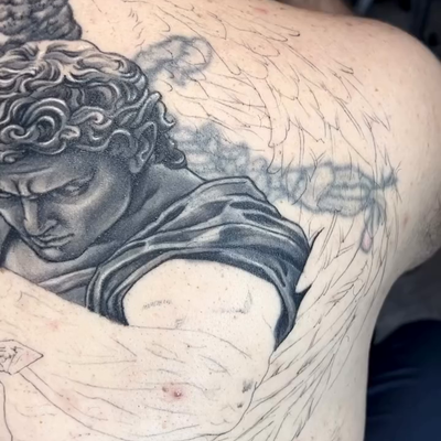 St. Michael cover-up in progress. ⚔️🔥

Still one more session to go, but it’s a… — tattoo by Albert Rosal, Harrison, New Jersey