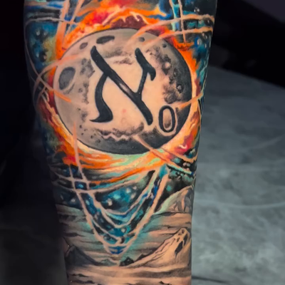 A cosmic moon marked with Aleph — the beginning of all things. Energy, creation,… — tattoo by Albert Rosal, Harrison, New Jersey