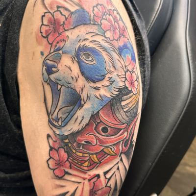 fun watercolor panda and oni — tattoo by Nikko Gould, Chattanooga, Tennessee